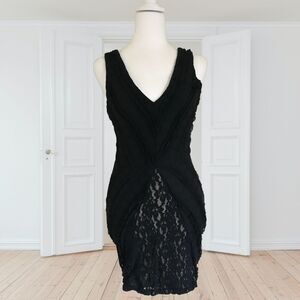 Guess Los Angelas Black Fitted Bodycon Mini Dress Ruched Lace XS